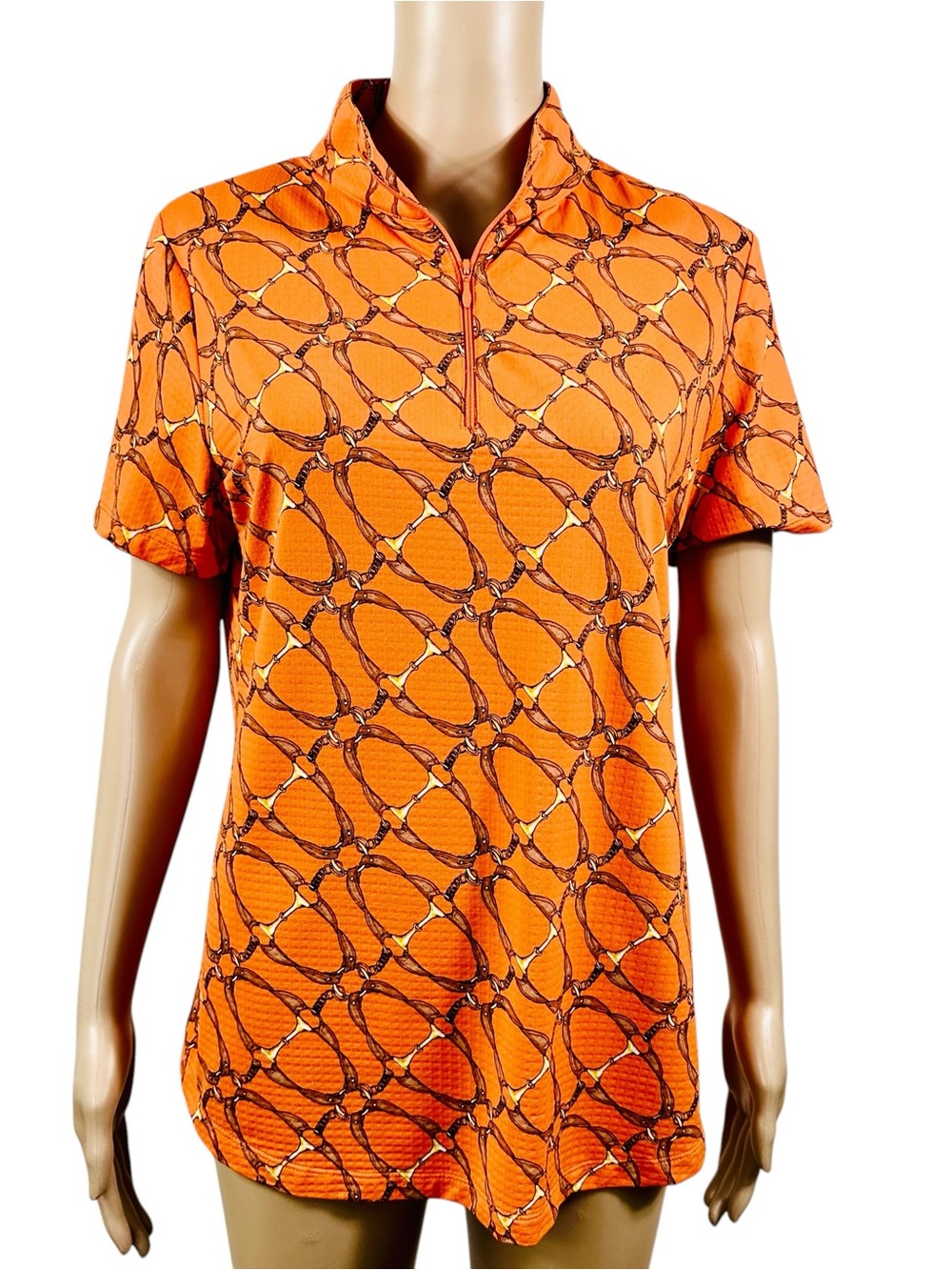 IBKUL Orange, brown & cream horse bit and chain link equestrian pattern shirt L
